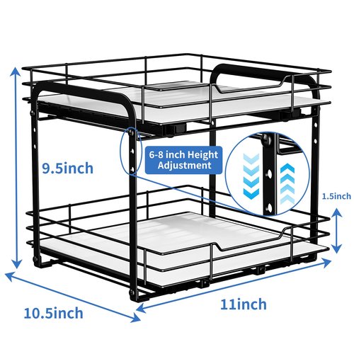 BOIVSHI 2-Tier Spice Rack, Pull Out Cabinet Organizer Spice Racks Height Adjustable Heavy Duty Metal Basket for Inside Cabinets & Pantry Closet(9.5''Wx10.5''Dx9.5''H)