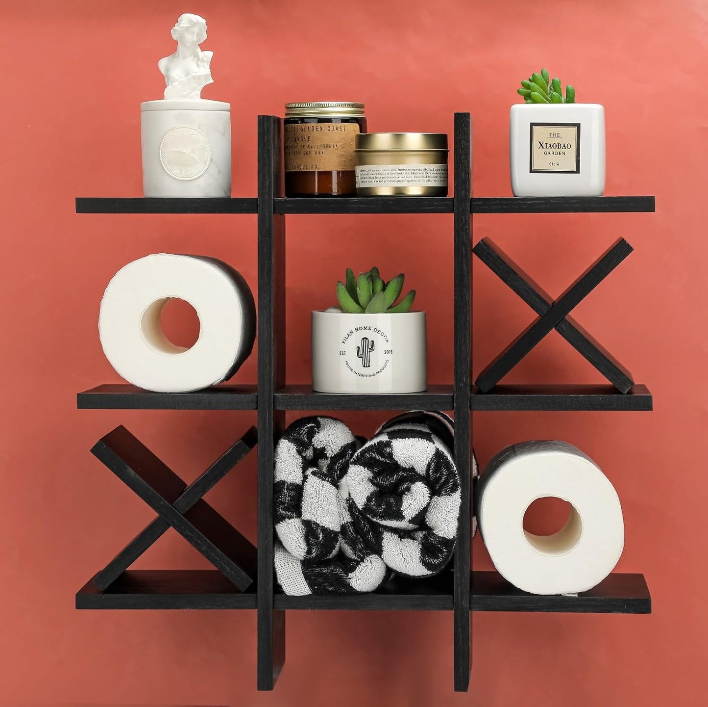Weysat Rustic Wooden Tic Tac Toe Toilet Paper Holder - Freestanding Bathroom Decor & Storage