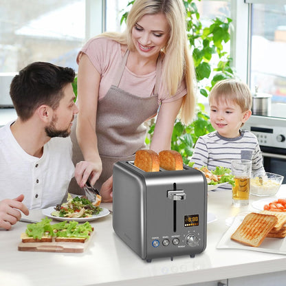 SEEDEEM 2-Slice Stainless Steel Toaster - LCD Display, 7 Shade Settings, 1.4'' Wide Slots, Dark Metallic