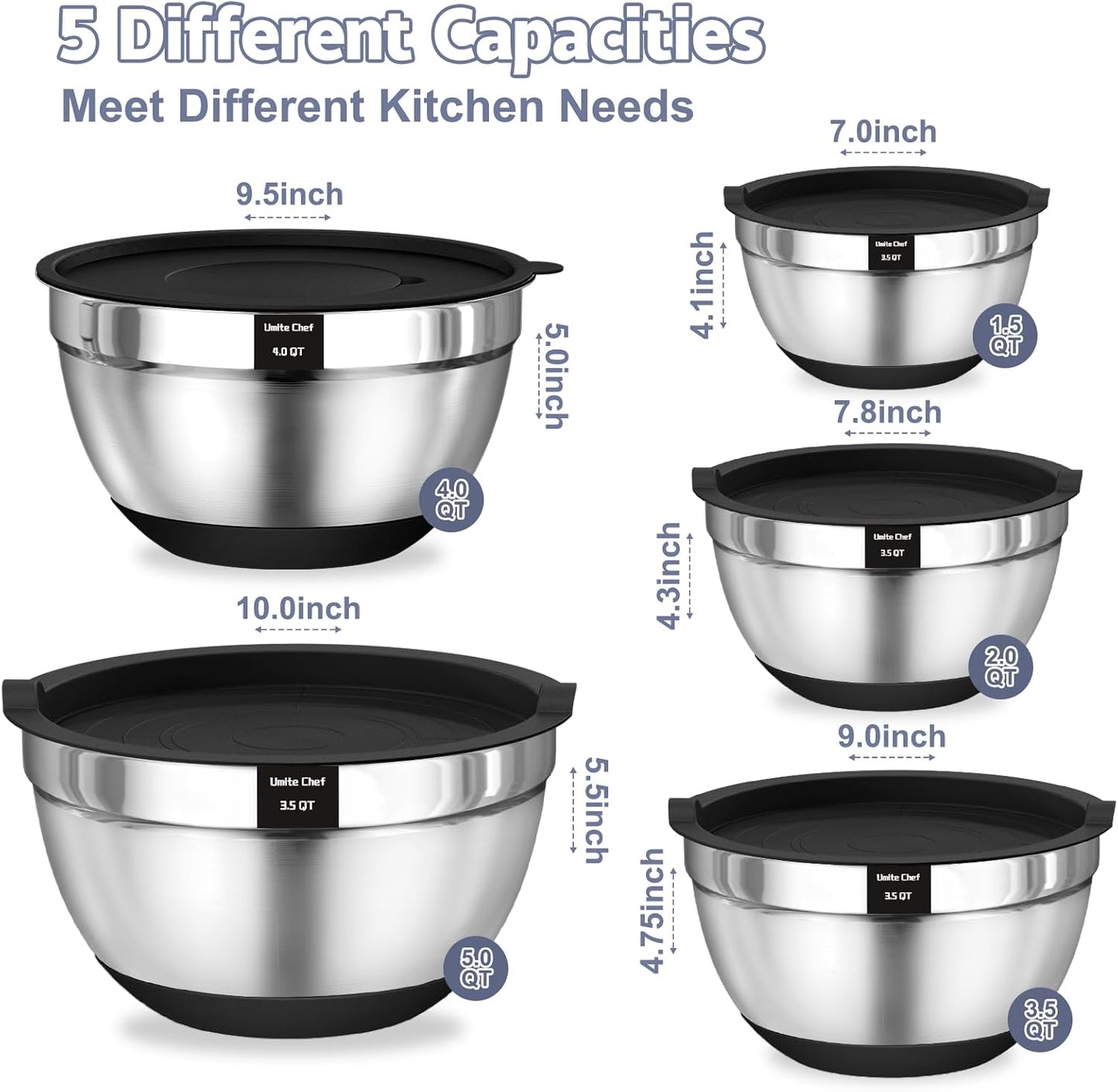 Umite Chef Mixing Bowls - 8PCS Stainless Steel Set with Airtight Lids & Grater Attachments | Non-Slip Bottoms, Black, 1.5QT to 5QT