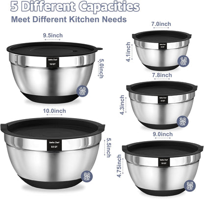 Umite Chef Mixing Bowls - 8PCS Stainless Steel Set with Airtight Lids & Grater Attachments | Non-Slip Bottoms, Black, 1.5QT to 5QT