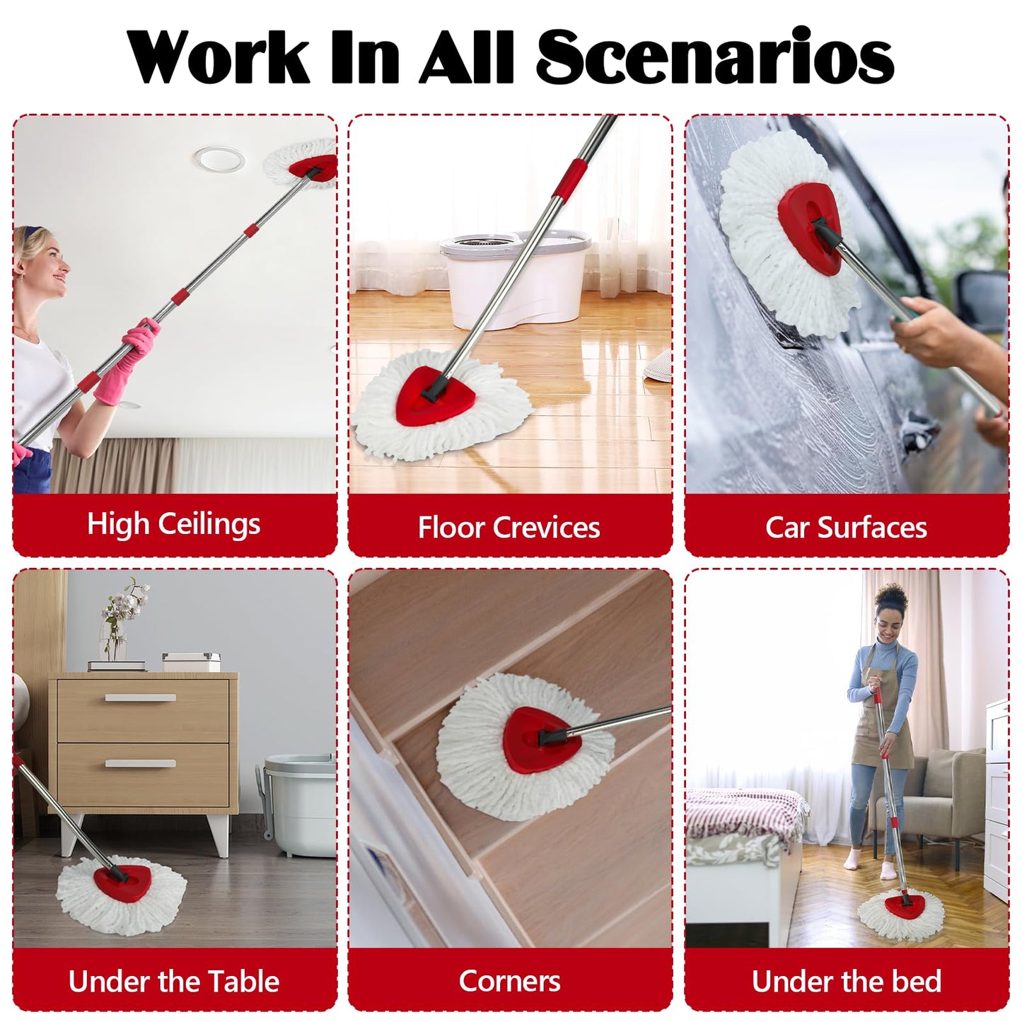 Spin Mop Replacement Set for O-Ceda EasyWring 1-Tank System, 16 Microfiber Spin Mops Refills,1 Scrubber Head,1 Triangle Spin Base,and(31-63in) Adjustable Handle Set Combo
