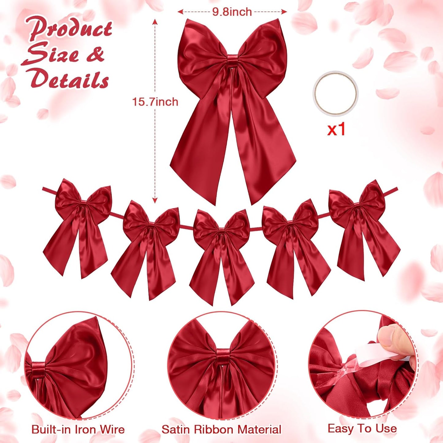 Suncalla 6 FT Burgundy Valentine's Day Bow Garland - Pre-Strung with 10-Inch Bows for Weddings & Parties