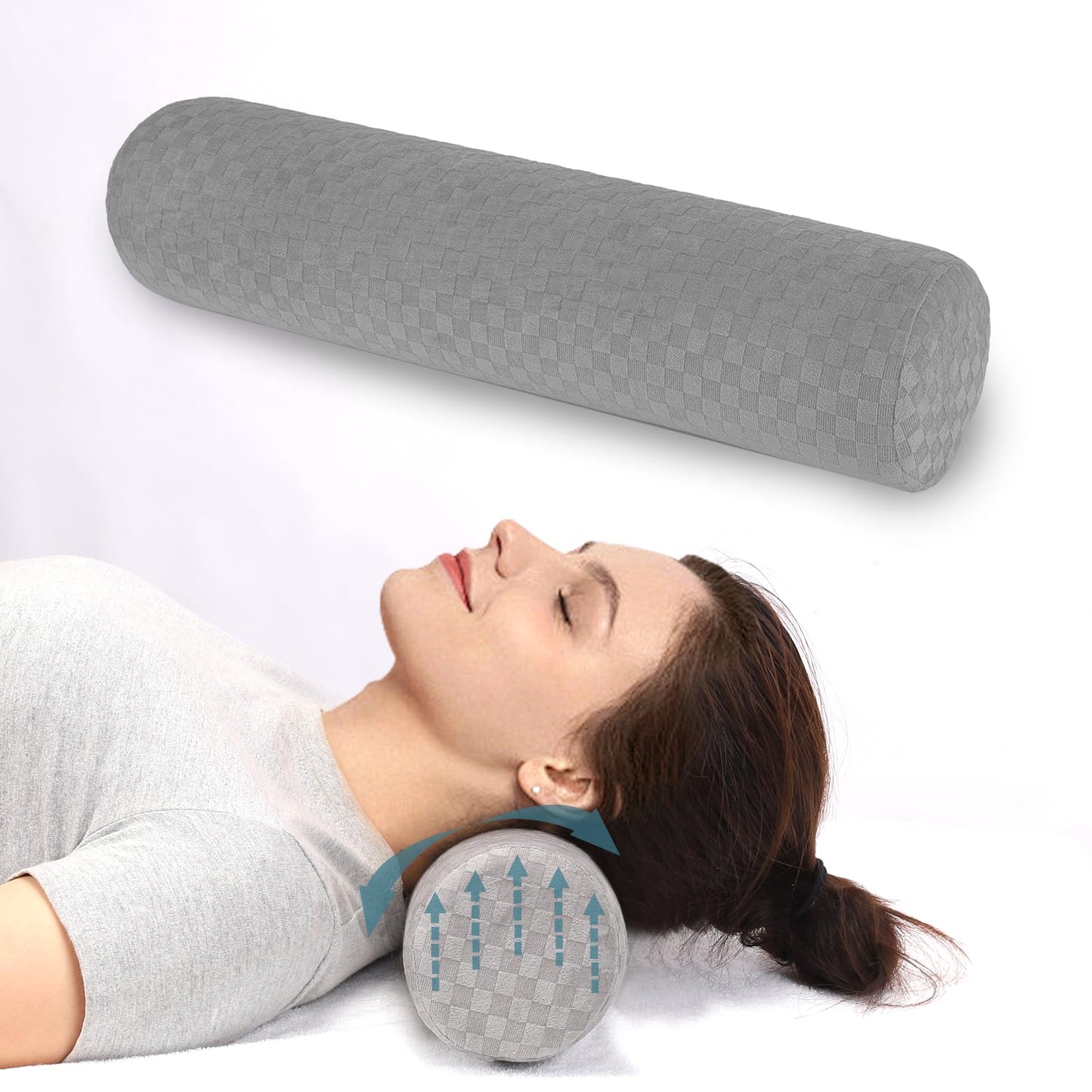 wuwumiline Cervical Neck Roll Foam Pillow, Round Neck Support Pillow for Neck Pain Relief Sleeping, Bolster Pillow for Bed, Ergonomic Pillow for Head, Neck, Back, Legs, and Yoga (Light Grey)