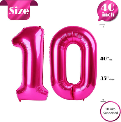 Skiennix Hot Pink Number 10 Balloons - 40 Inch 10th Birthday Decorations for Girls