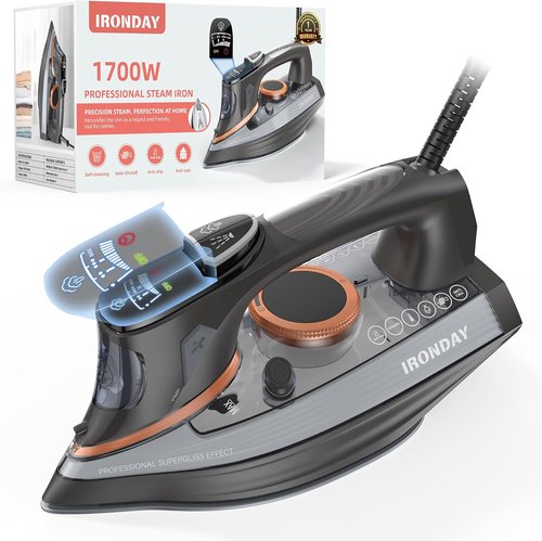 IRONDAY Steam Iron - 1700W Non-Stick Ceramic Soleplate with LCD Screen & Auto Shutoff | Grey