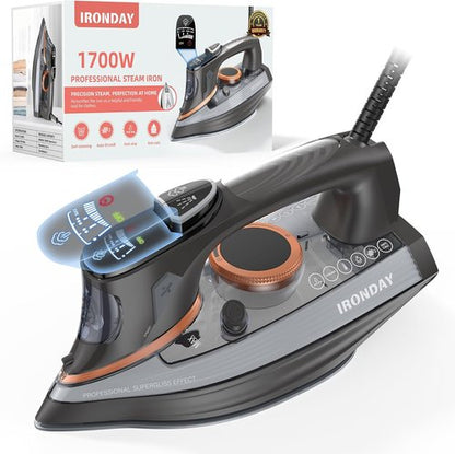 IRONDAY Steam Iron - 1700W Non-Stick Ceramic Soleplate with LCD Screen & Auto Shutoff | Grey
