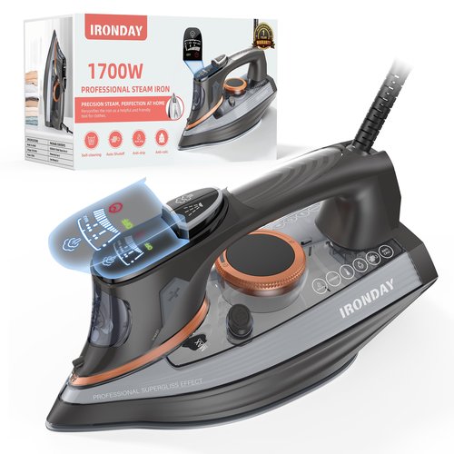 IRONDAY Steam Iron for Clothes with LCD Screen, 1700W Iron Non-Stick Ceramic Soleplate, Auto Shutoff, Self-Cleaning, Anti-Drip, Steam Burst, Spray Mist 10.14oz Water Tank Ironing Clothes for Home,Grey