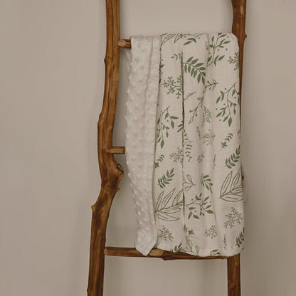 GLLQUEN BABY Blankets for Unisex Boys Girls, Muslin Cotton Front Soft and Breathable, and Dotted Fleece Backing, Printed Bed Nursery Minky Blankets for Toddler Newborn, Greenery, 30 x 40 inches