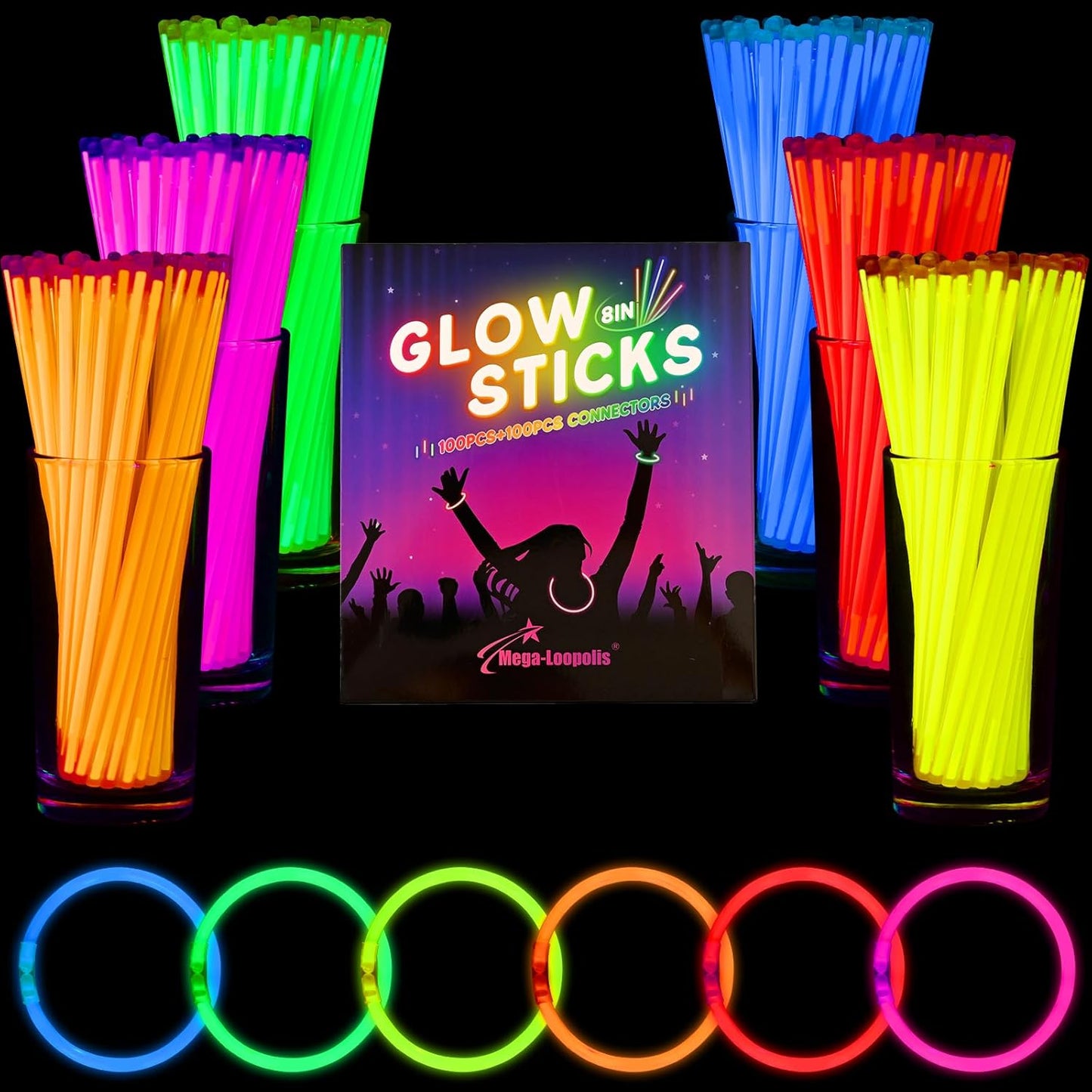 Mega-L Glow Sticks - 200 Pcs Ultra Bright Glow Party Supplies | 8" Necklaces & Bracelets for Neon Celebrations