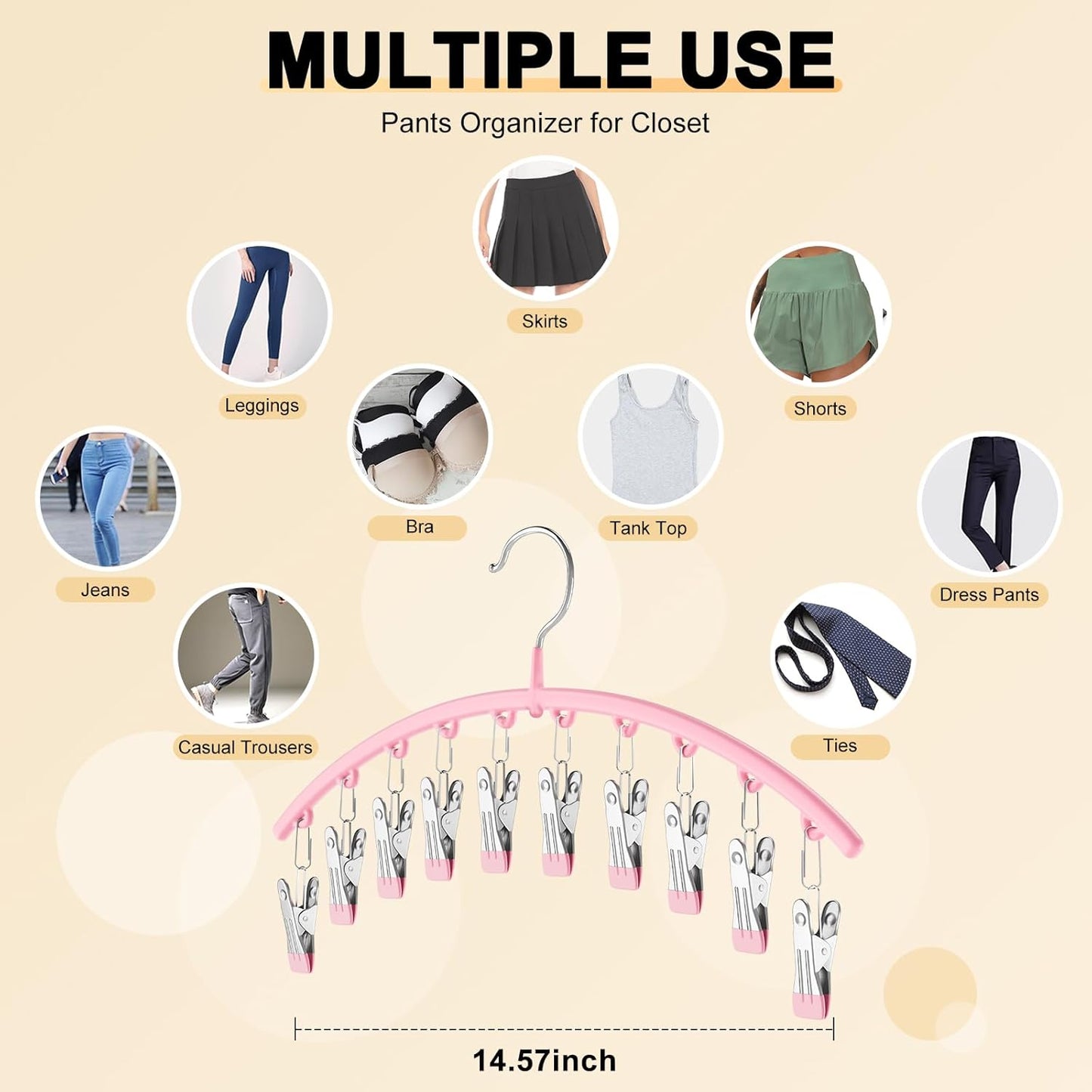 Metal Yoga Pants Hangers - Space-Saving Closet Organizer with 10 Clips | Pink, Holds 10 Leggings
