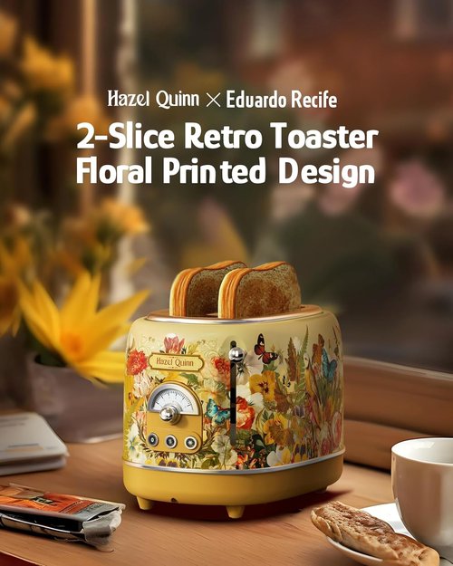 Hazel Quinn Retro 2-Slice Toaster - 6 Browning Levels, Defrost/Reheat/Cancel Functions, Easy Clean Crumb Tray, 1.5" Wide Slots