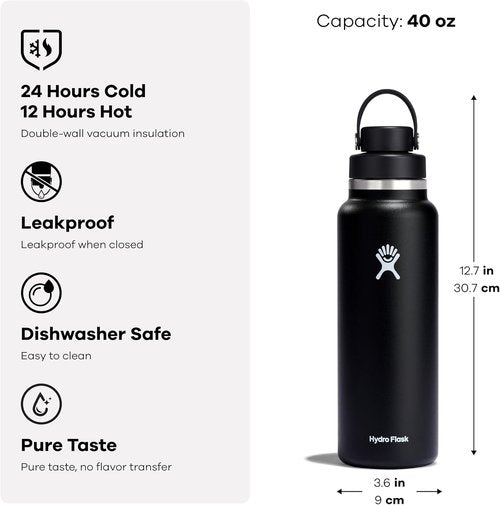 Hydro Flask Water Bottle - Insulated Stainless Steel with Wide Mouth Flex Chug Lid | 40 Oz Cascade Blue