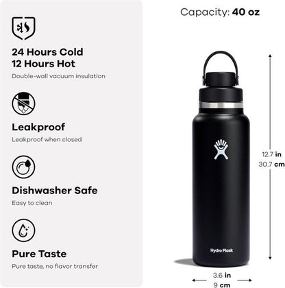 Hydro Flask Water Bottle - Insulated Stainless Steel with Wide Mouth Flex Chug Lid | 40 Oz Cascade Blue