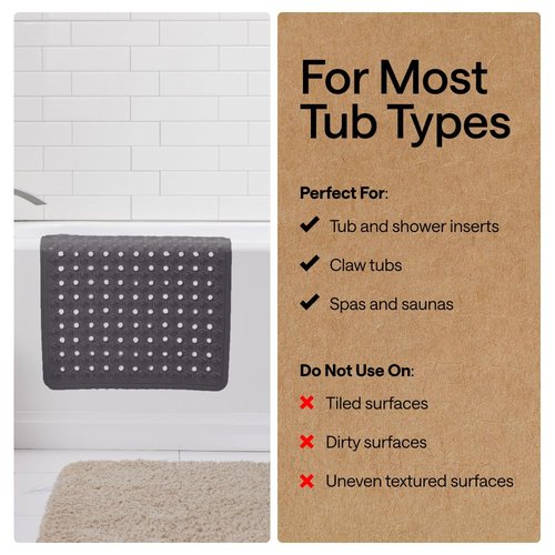 GORILLA GRIP Patented Bath Tub Shower Mat, Machine Washable Bathtub Floor Liner Mats, Suction Cups and Drain Holes to Keep Tubs Clean, Soft on Feet, Bathroom Essentials, 35x16 Inch, Charcoal Opaque