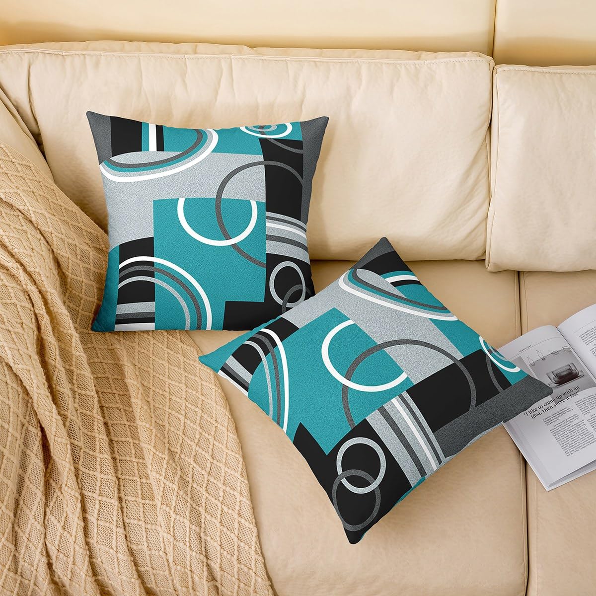 Modern Turquoise Decor Pillow Covers 18x18 Set of 4 Geometric Circles Gird Throw Pillow Covers For Bed Couch Sofa Black Grey Cushion Covers Stripe Swirls Modern Graphic Decorative Square Pillow Cases