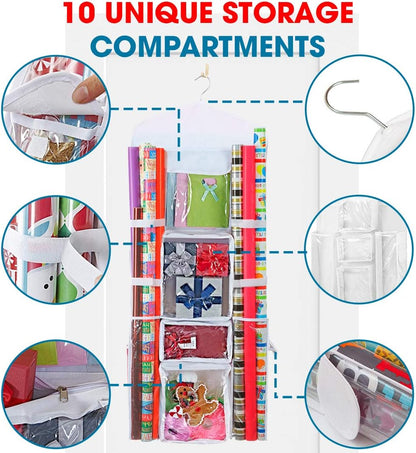 ProPik Wrapping Paper Storage Organizer - Double-Sided Design with Multiple Pockets | 40” x 17” (White)