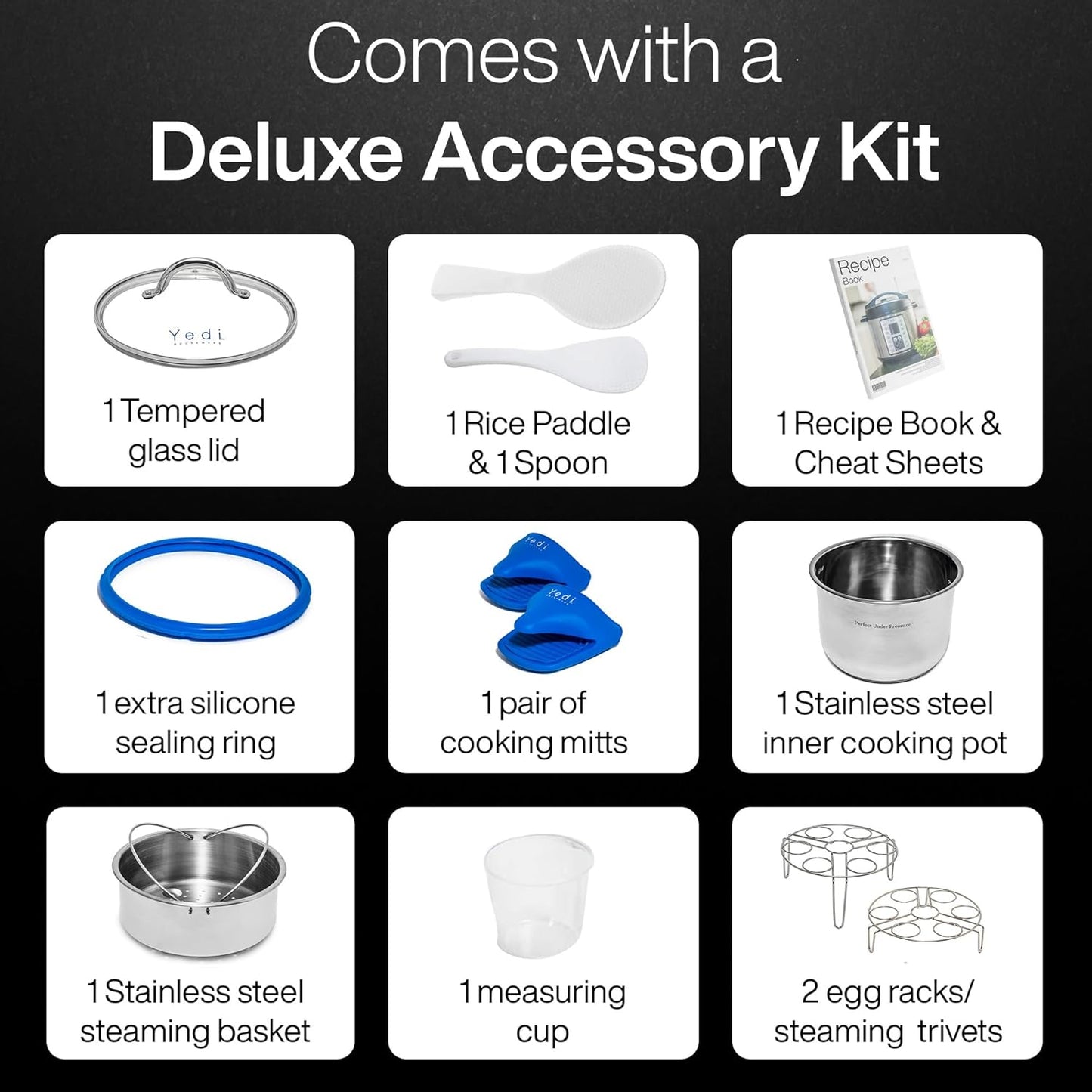 Yedi Houseware Pressure Cooker - 9-in-1 Digital Screen with Recipe Kit | Stainless Steel, 6 Liters