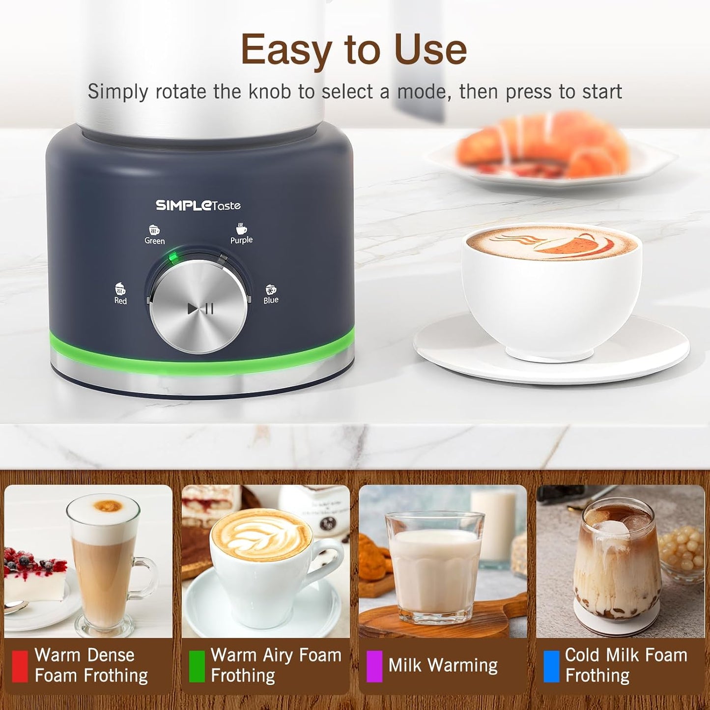 SIMPLETASTE Electric Milk Frother - 4 in 1 Automatic Steamer for Coffee & Lattes | 16.91oz Capacity