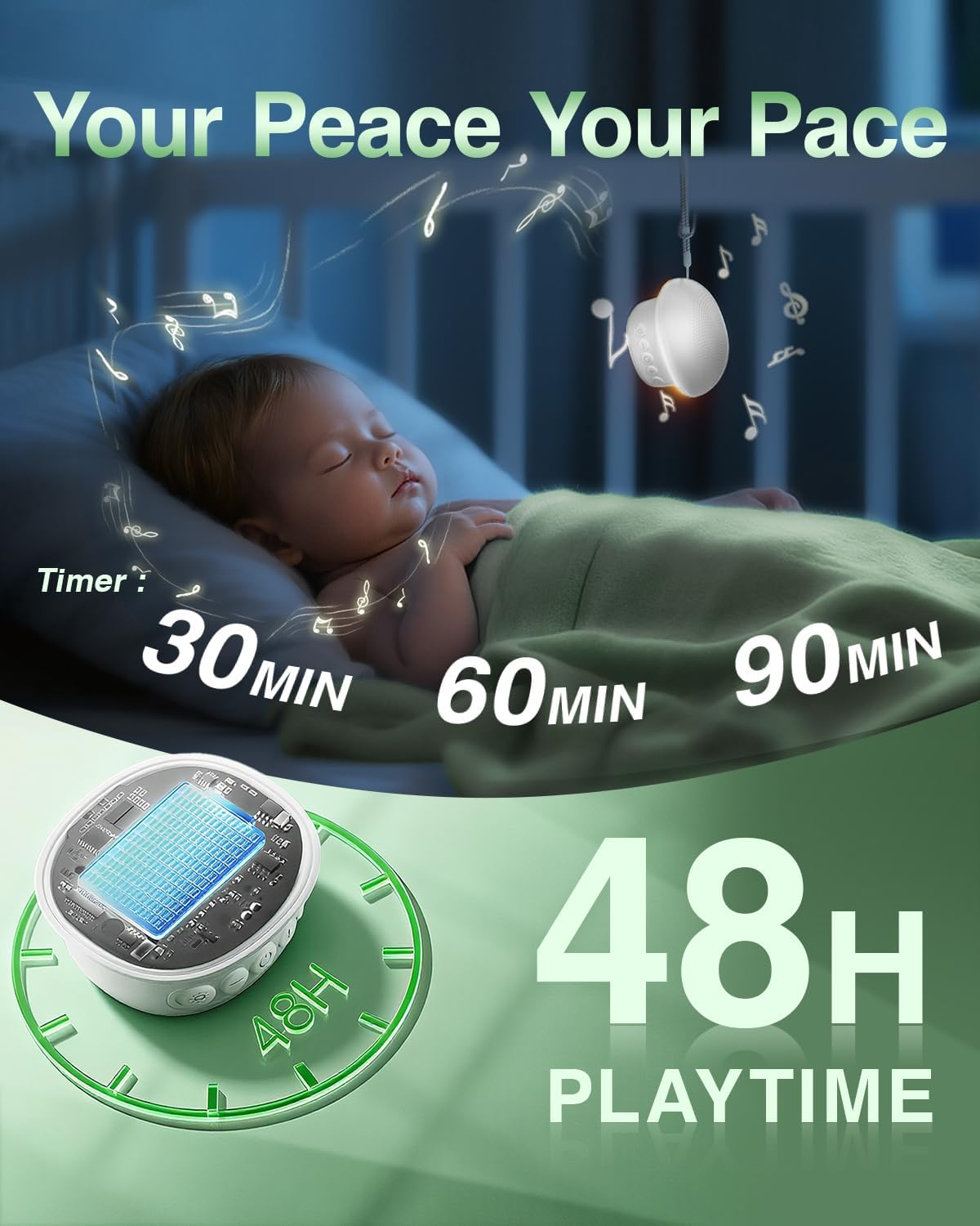 Skiennix Portable White Noise Sound Machine - 20 Soothing Sounds, 48H Battery Life, Night Light & Timers