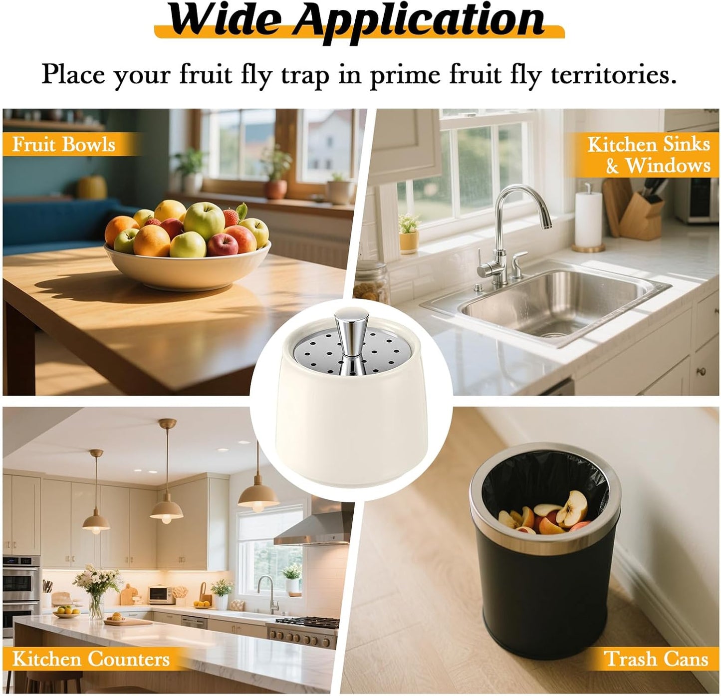 Skiennix Ceramic Fruit Fly Trap - Reusable Kitchen Fly Catcher with Stainless Steel Vent Lid | Dishwasher Safe, Easy to Use (White, 1 Pack)