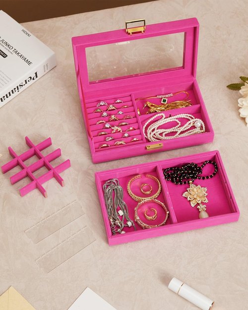 Homde Jewelry Tray Stackable Jewelry Box Drawer Organizer with Glass Lid, Removable Dividers for Vanity Table Gift Idea for Girls and Women (Pink)