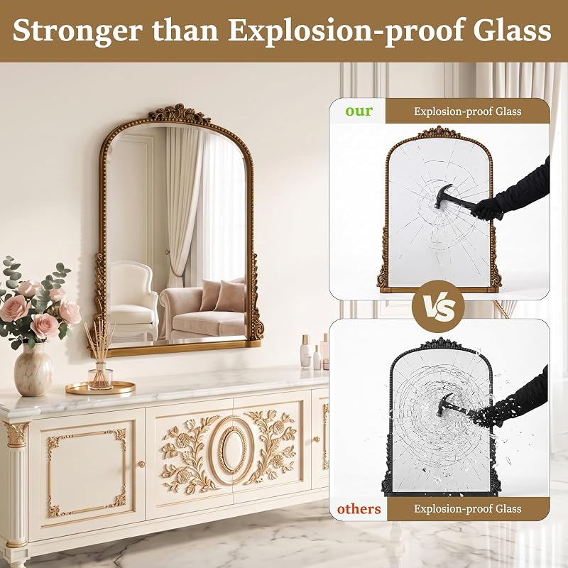 28x40 in Vintage Baroque Wall Mirror with Gold Finish, Arched Frame — Variation: Gold+40"L x 28"W