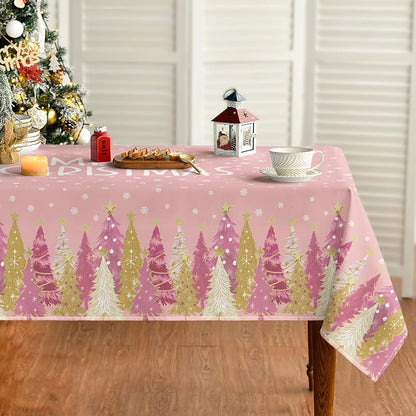 Horaldaily Pink 60"x60" Christmas Tablecloth - Winter Stars Trees, Washable Square