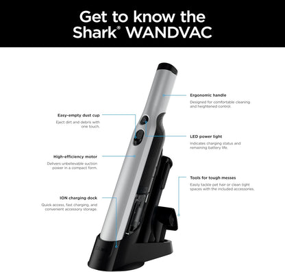 Shark WANDVAC Cordless Hand Vac - Lightweight & Portable 1.4 lbs | Powerful Suction & Furfins Tool, Gray