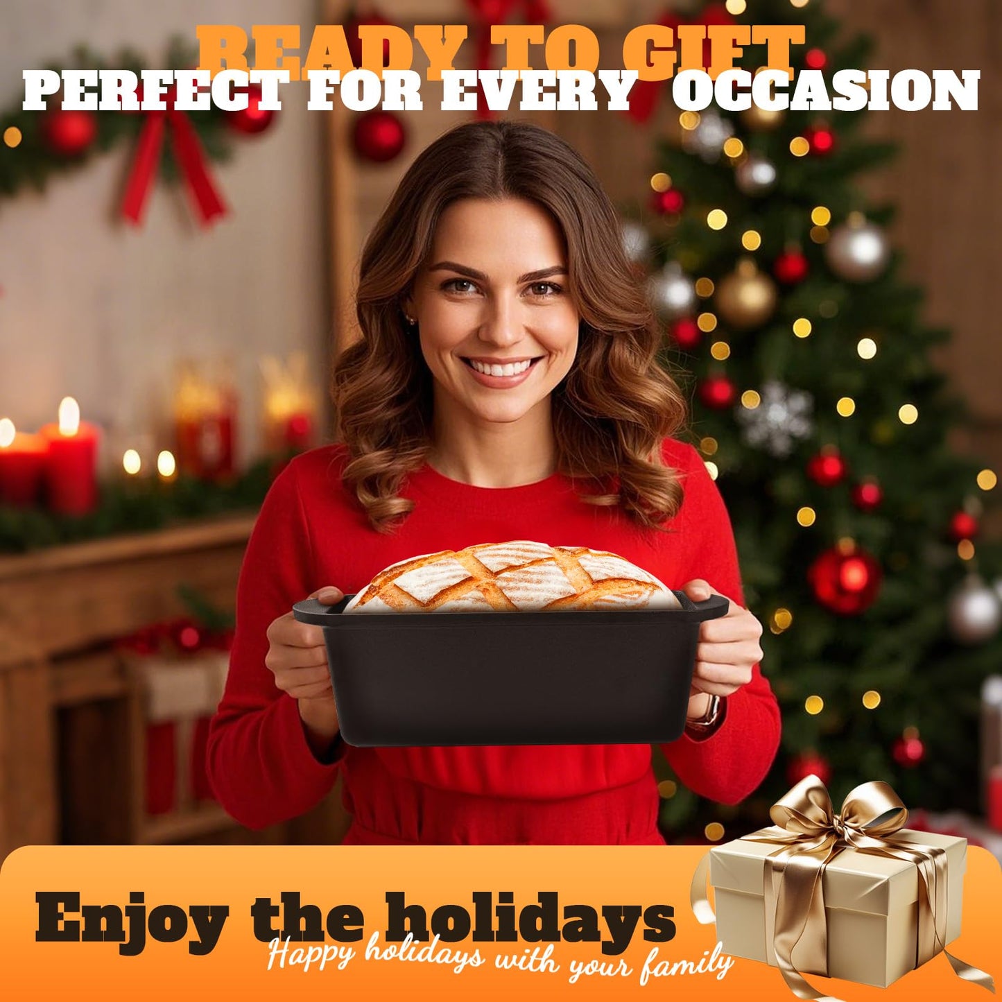 Rectangular Cast Iron Dutch Oven for Bread Baking, Cast Iron Sourdough Bread Pan with Lid Handles Lame, Even Heat Bread Baking Pan for Homemade Bread Cake Meatloaf, 3.2QT