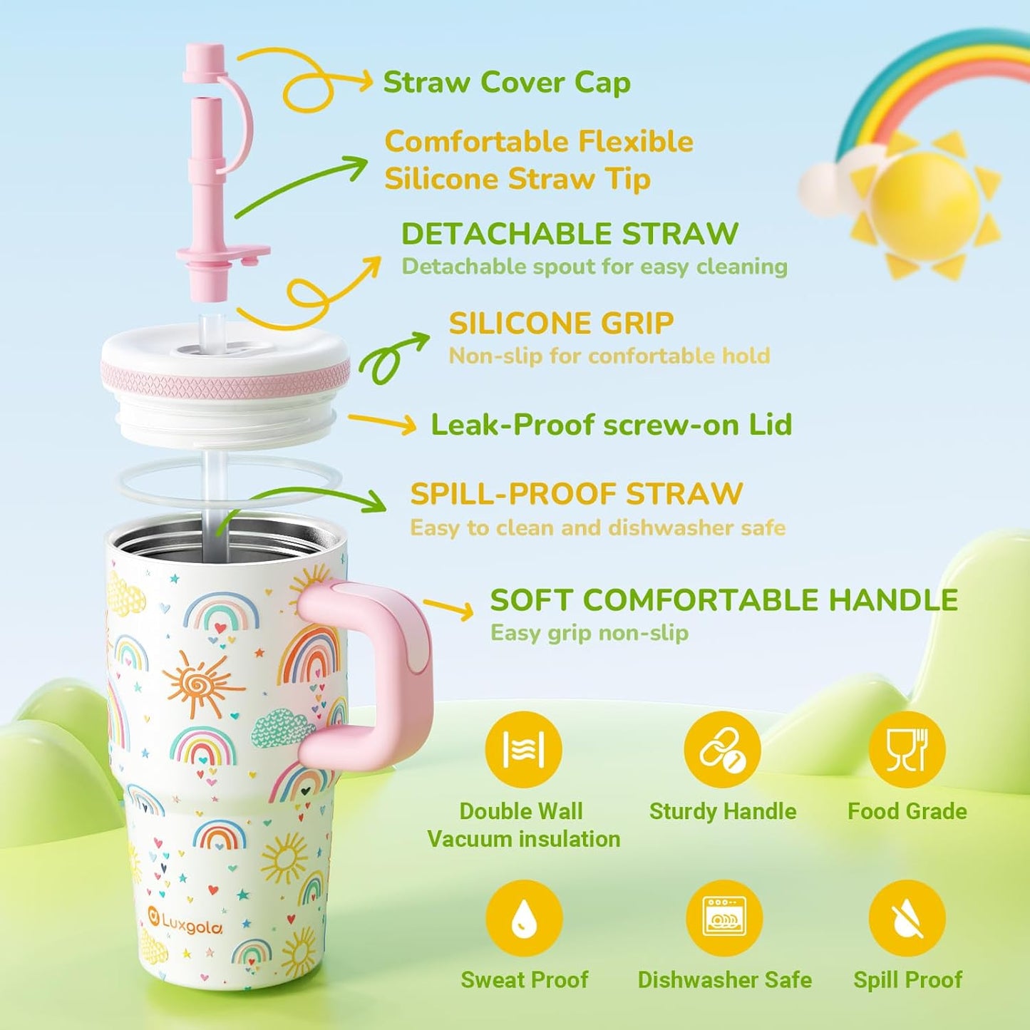 Skiennix Kids 20 Oz Tumbler - Leak-Proof Stainless Steel Water Bottle with Handle & Straw | Cute Bee Design