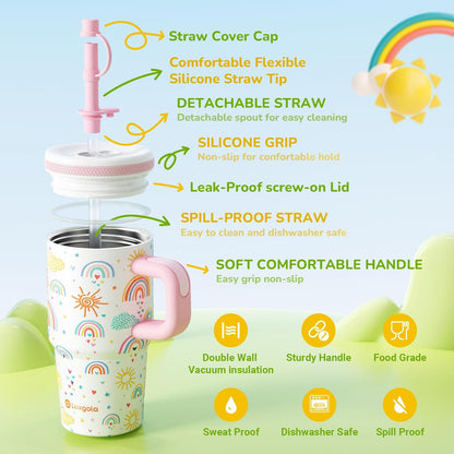 Skiennix Kids 20 Oz Tumbler - Leak-Proof Stainless Steel Water Bottle with Handle & Straw | Cute Bee Design