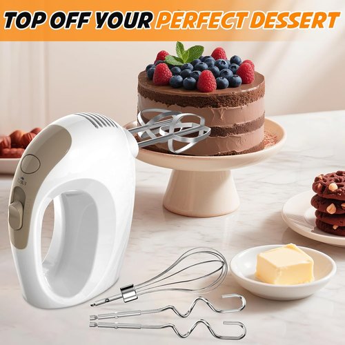 Hand Mixer - Skiennix 5-Speed Electric Kitchen Mixer with 5 Stainless Steel Accessories | Ivory