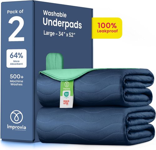 IMPROVIA® Washable Underpads - Heavy Absorbency Reusable Incontinence Pads for Kids & Adults | Navy & Green, 34"x52" (Pack of 2)