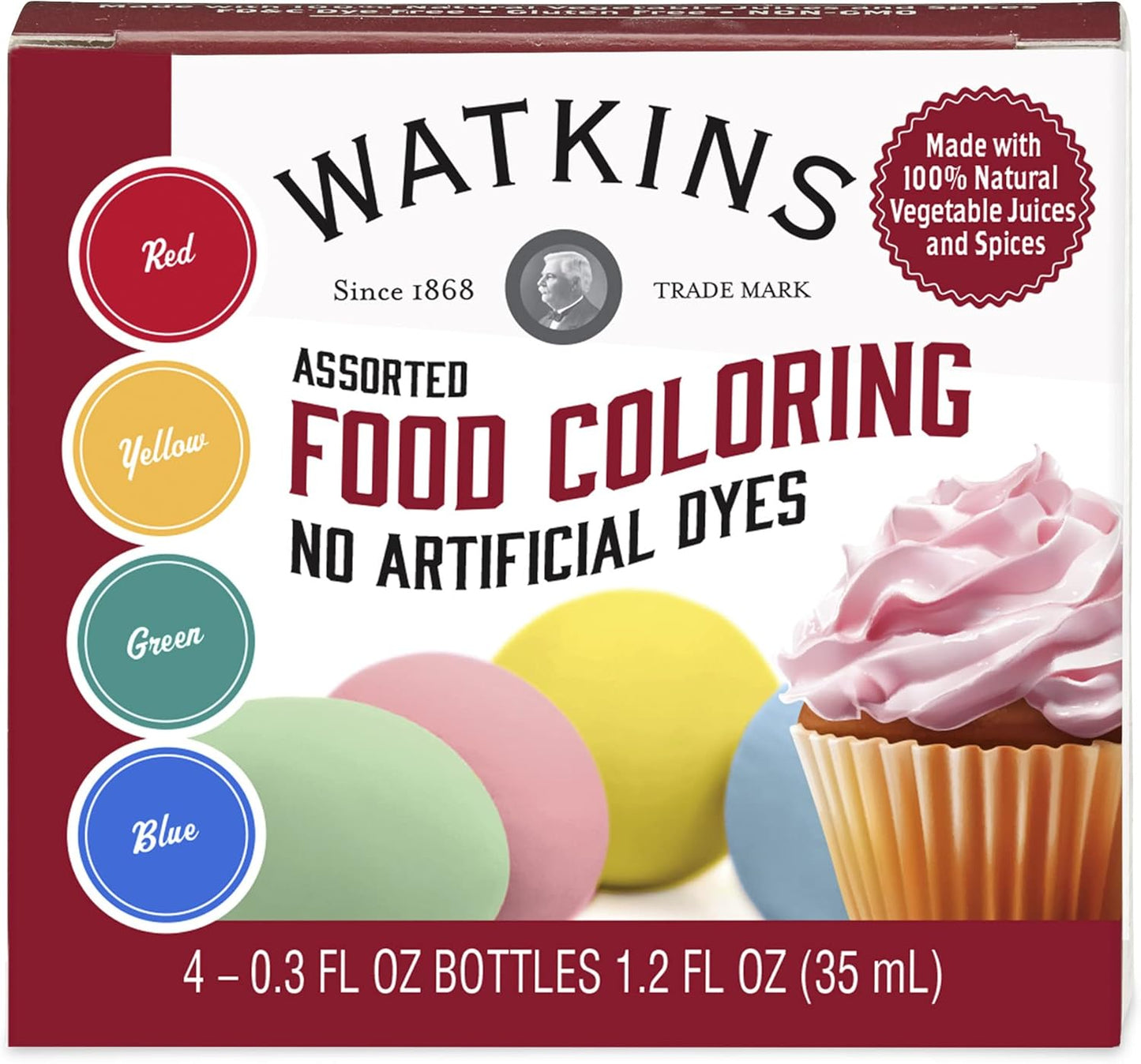 Watkins Food Coloring Set - Assorted Red, Yellow, Green, Blue | 4 x 0.3 oz Bottles (Pack of 2)