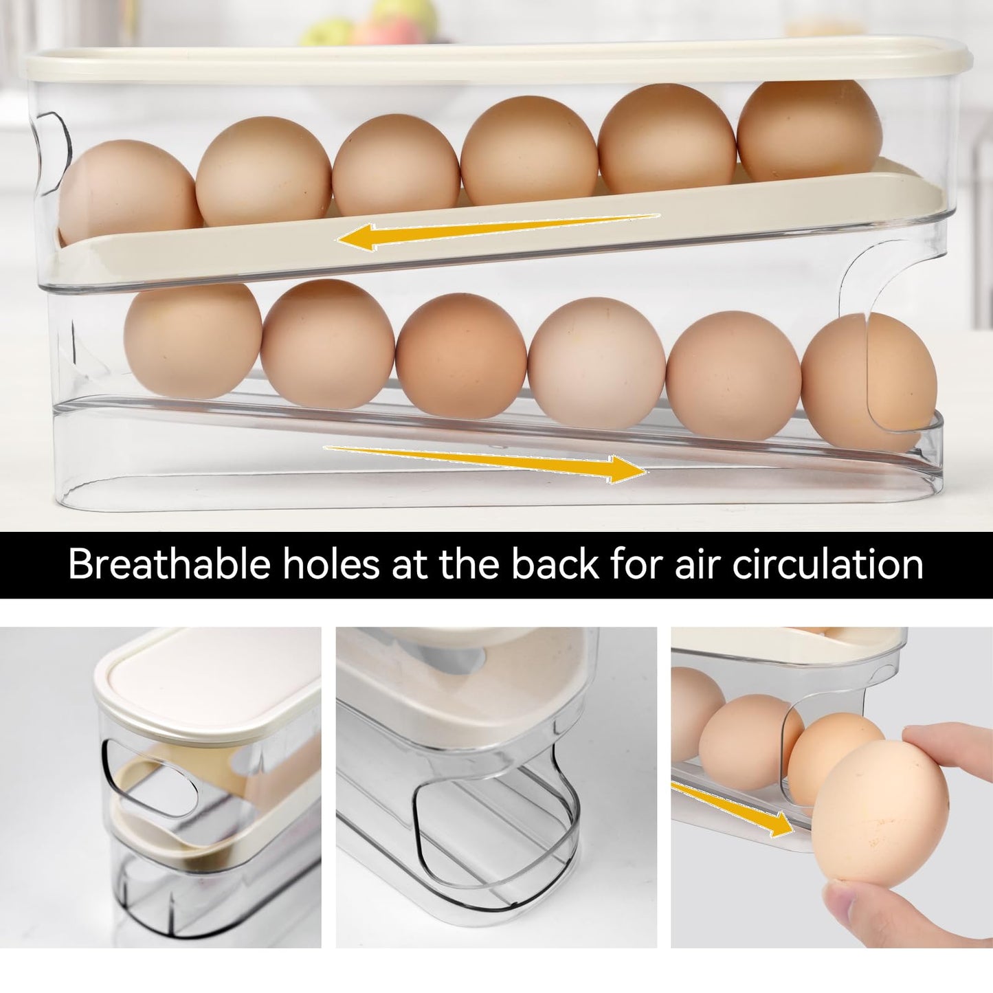 Egg Holder For Fridge With Lid - Auto Roll Down Egg Dispenser For Refrigerator Storage Organizer Space Saving Egg - Easy Access 2 Tier Egg Storage Rack (1 pcs)