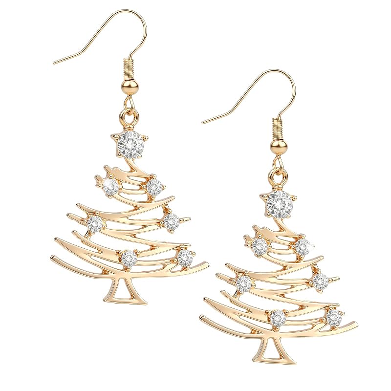 Christmas Tree Dangle Earrings for Women - Rhinestone Holiday Jewelry