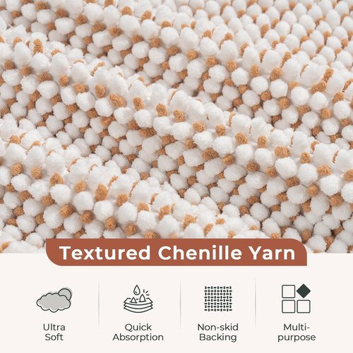 FRESHMINT Chenille Bathroom Rugs Sets 2 Piece 17"x24"+20"x47", Non-Slip Bath Mats for Bathroom Absorbent Bath Rug Washable Set of 2 Shower Floor Mat Runner, White and Brown