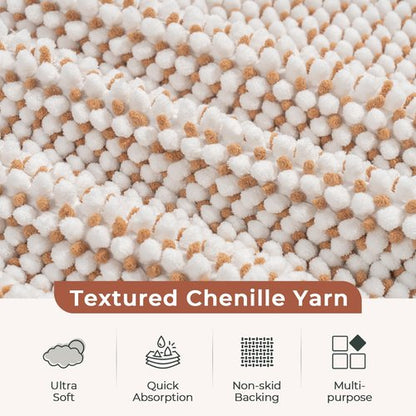 FRESHMINT Chenille Bathroom Rugs Sets 2 Piece 17"x24"+20"x47", Non-Slip Bath Mats for Bathroom Absorbent Bath Rug Washable Set of 2 Shower Floor Mat Runner, White and Brown
