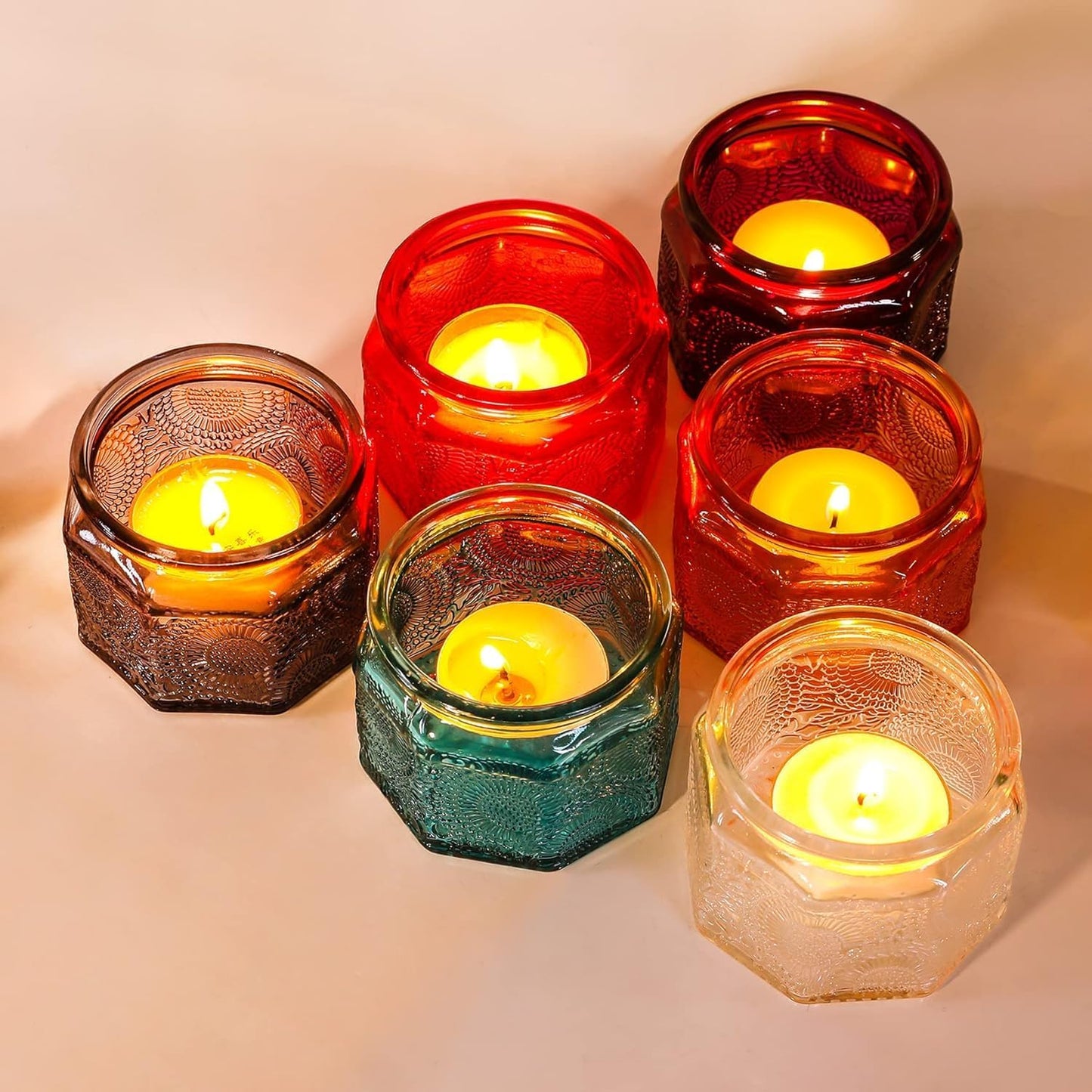 Skiennix Set of 6 Glass Tea Light Candle Holders - Colorful Votive Centerpieces for Weddings & Parties