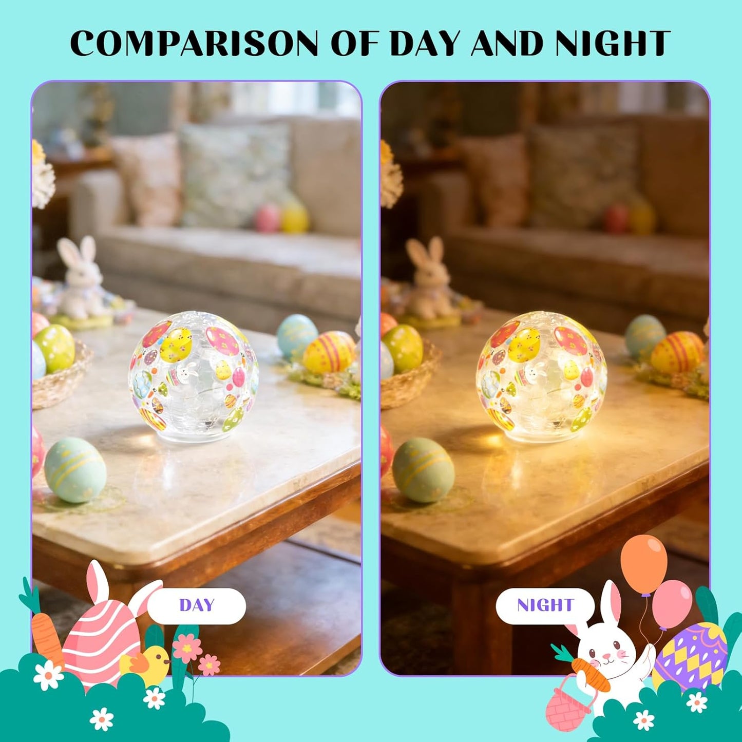 Skiennix Easter Glass Ball Lights - 2PCS LED Bunny Crackle Decorations | 3.93'' Tabletop Sphere Lamps
