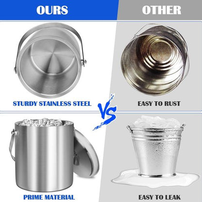 Ice Bucket with Lid & Tong- Well Made Insulated Stainless Steel Keep Ice Frozen Longer - Ideal for Cocktail Bar, Parties, Chilling Wine, Champagne - 2 Liter (Stainless Steel)