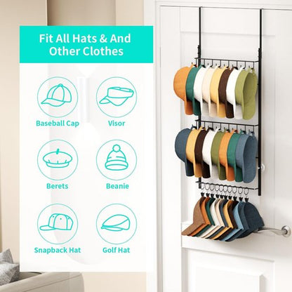HapiRm Over Door Hat Rack - 3-Tier Organizer with 16 Hooks & 10 Movable Clips | Holds Up to 26 Caps