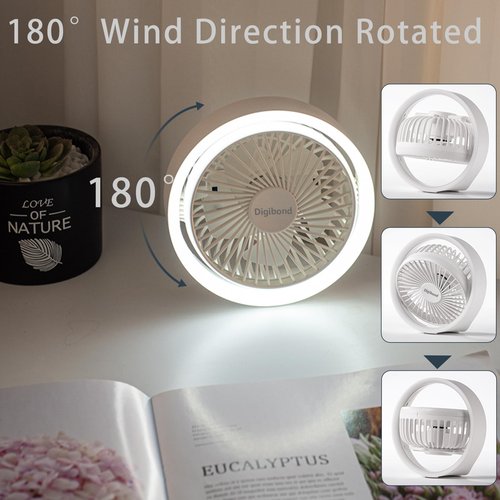 Digibond Small Desk Fan, Ultra Quite USB Fan Portable 3000mAh Rechargeable Battery Operate, High Power 3 Speed 5.3in With Ambient Light/Hook 180°Rotated Easy Clean (White)