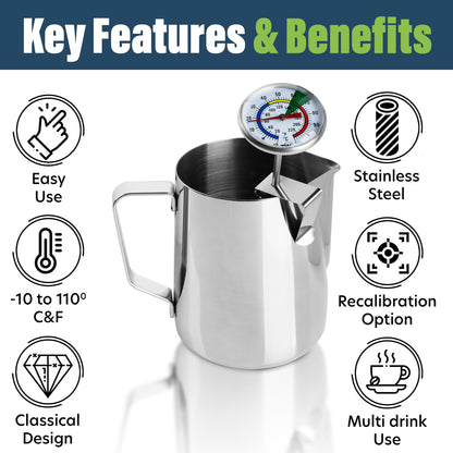 Stainless Steel Milk Frothing Pitcher With Thermometer for Steaming Milk - Ideal Milk Thermometer and 20oz Milk Jug for Making Barista Style Coffee Barista Pitcher Tools and Equipment