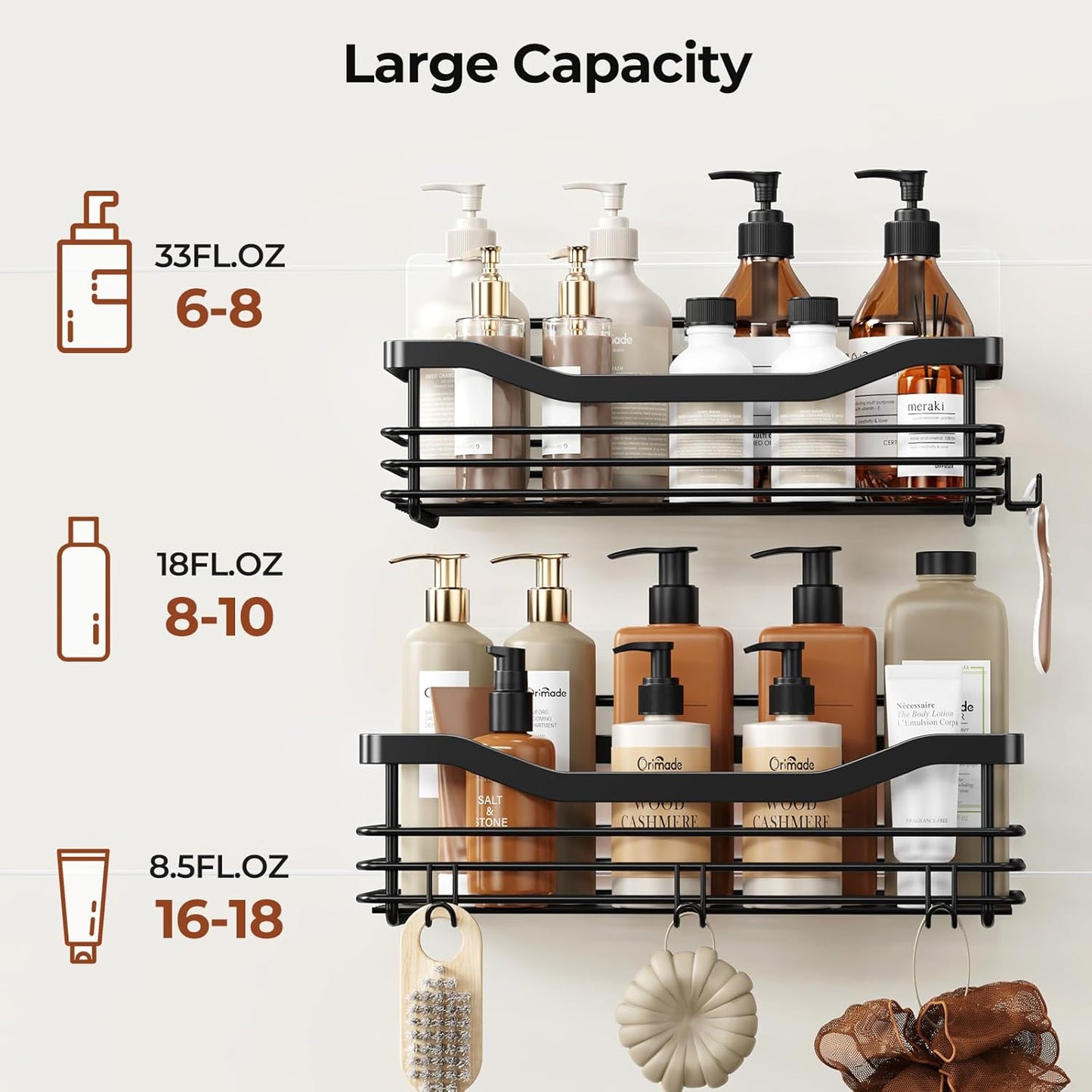 Orimade Shower Caddy - Wall Mounted Rust Resistant Stainless Steel Organizer | 2 Pack, Black with 5 Hooks