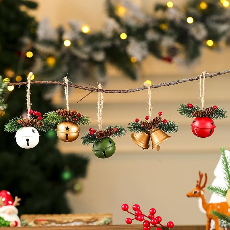 5-Pack Christmas Bell Ornaments Set for Tree, Wreath, Window & Mantel - Red, Green, Gold & White