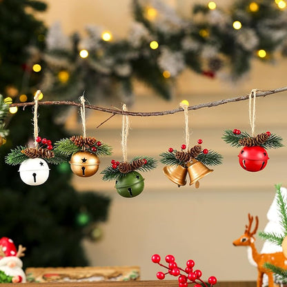 5-Pack Christmas Bell Ornaments Set for Tree, Wreath, Window & Mantel - Red, Green, Gold & White