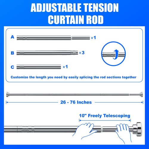 Ausemku Shower Curtain Rod Tension - 26-76 Inch Never Rust Non-Slip Spring Tension Curtain Rod No Drilling Stainless Steel Curtain Rod Use Bathroom Kitchen（Silver）