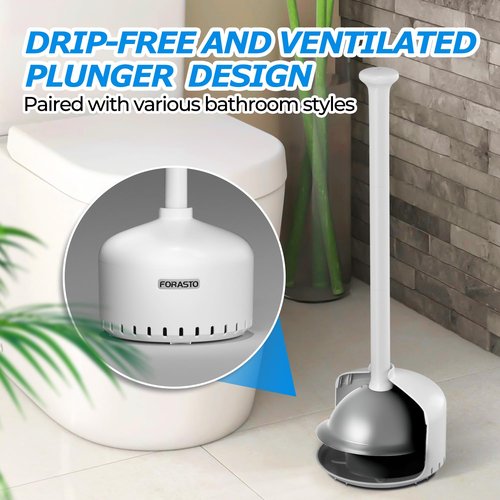 FORASTO Toilet Plunger with Holder,Plungers for Bathroom with Holder,Heavy Duty Plunger with Cover,Bathroom Decor，Bathroom Accessories，Toilet Bowl Cleaners,Pearl White